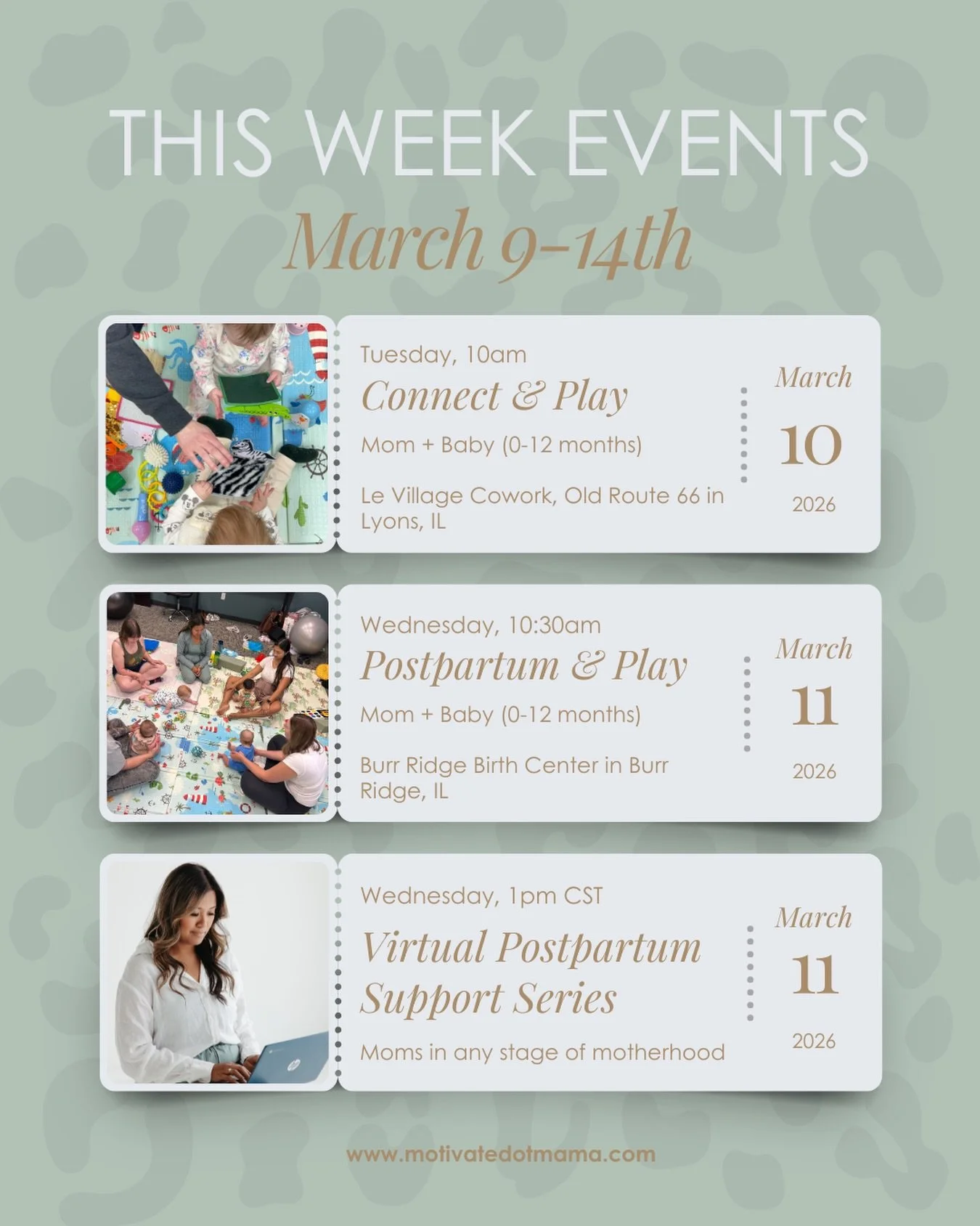 📆 This week&rsquo;s upcoming events for March 9-14th

Still have some spots left for this week&rsquo;s groups! Options for in-person and virtual too ☺️

Make some time for you this week mama! 

All groups led by Armi Grace Petersen MS, OTR/L
Occupat