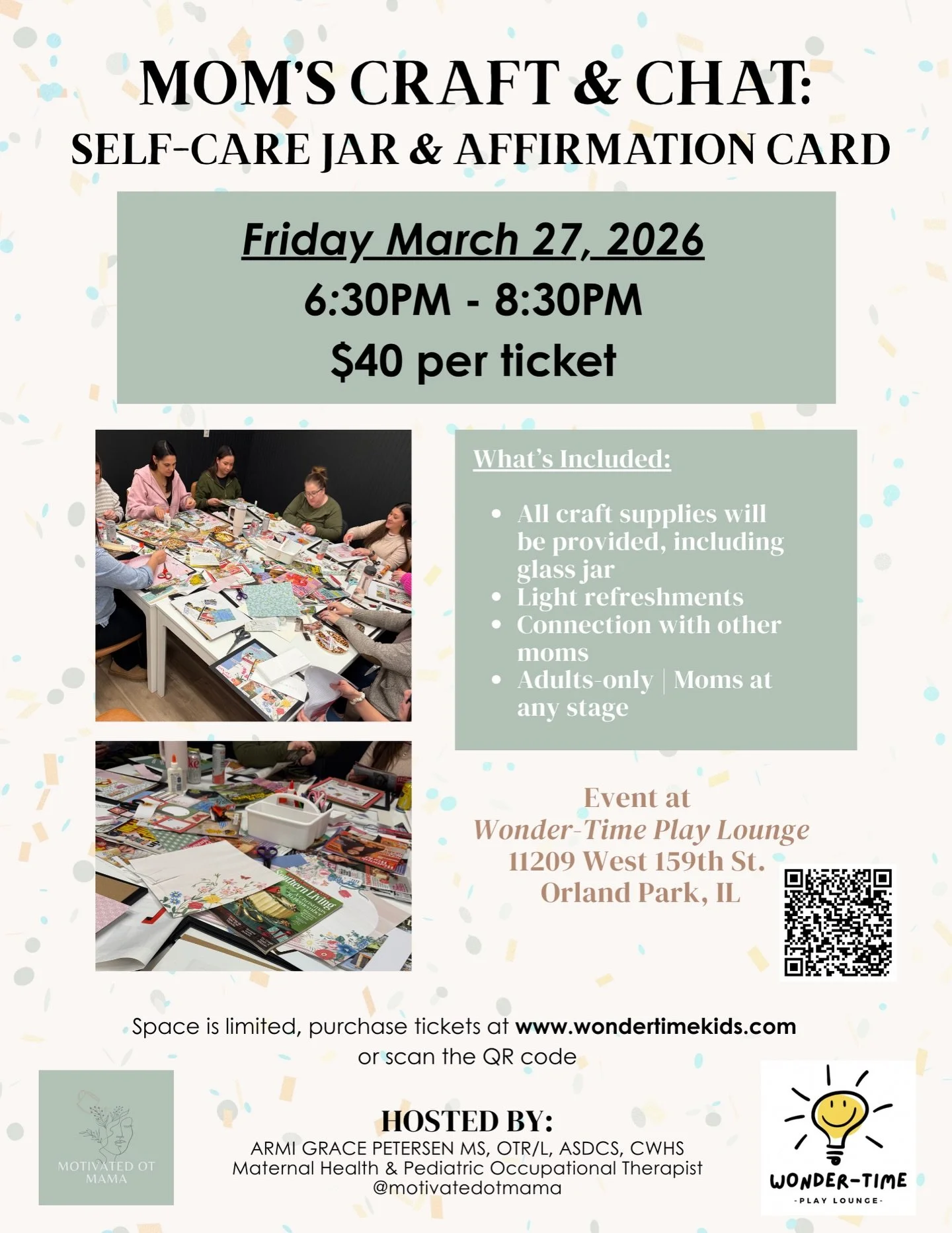 Join us for the Craft &amp; Chat at @wondertime_play ,
a fun, low-pressure moms night out. 

Make it a girl&rsquo;s night with your fellow mom besties! 👭

All supplies will be provided for your self-care jar and affirmation card. 

Each attendee wil