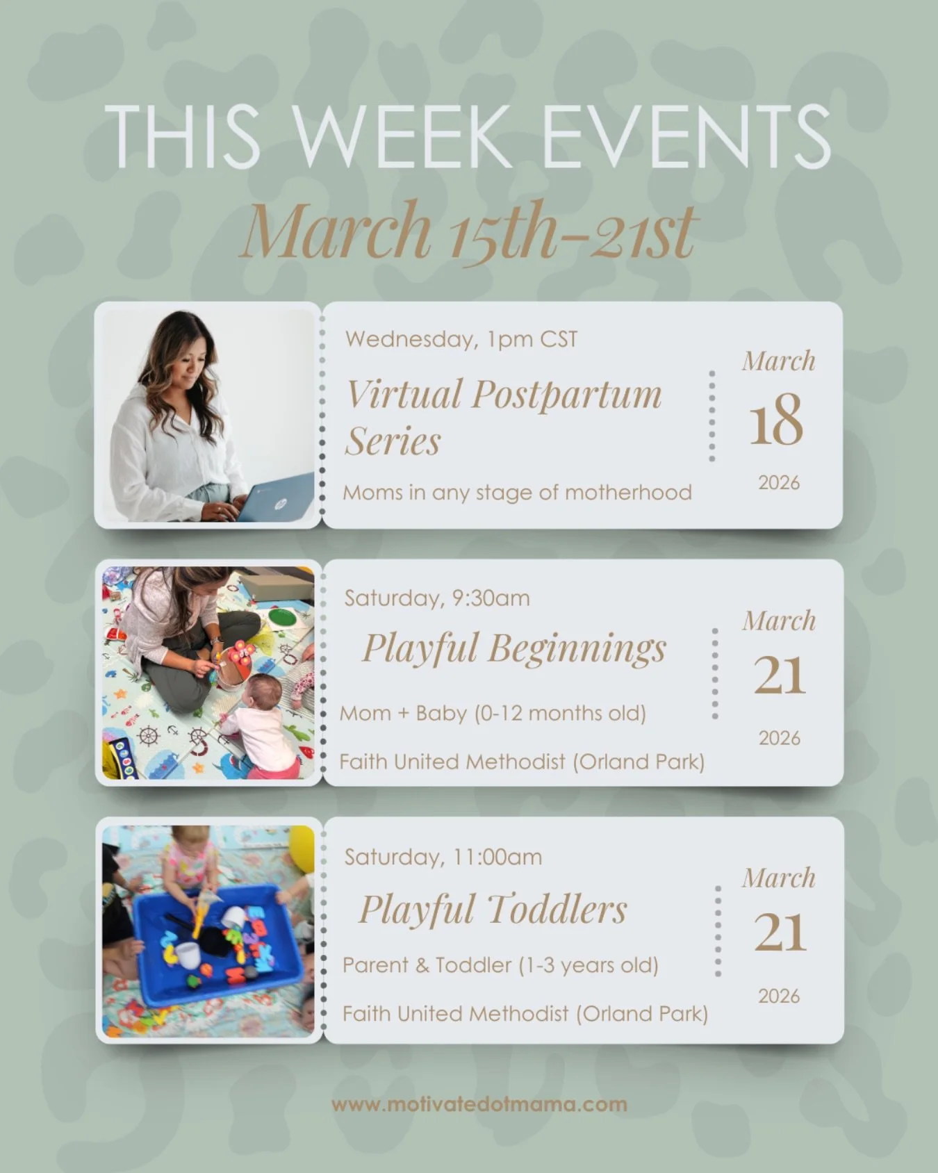 How are we halfway through March already?! 

📆 This week&rsquo;s upcoming events for March 15th-21st

Make some time for you this week mama! 

All groups led by Armi Grace Petersen MS, OTR/L
Occupational therapist and owner of @motivatedotmama 

💻 