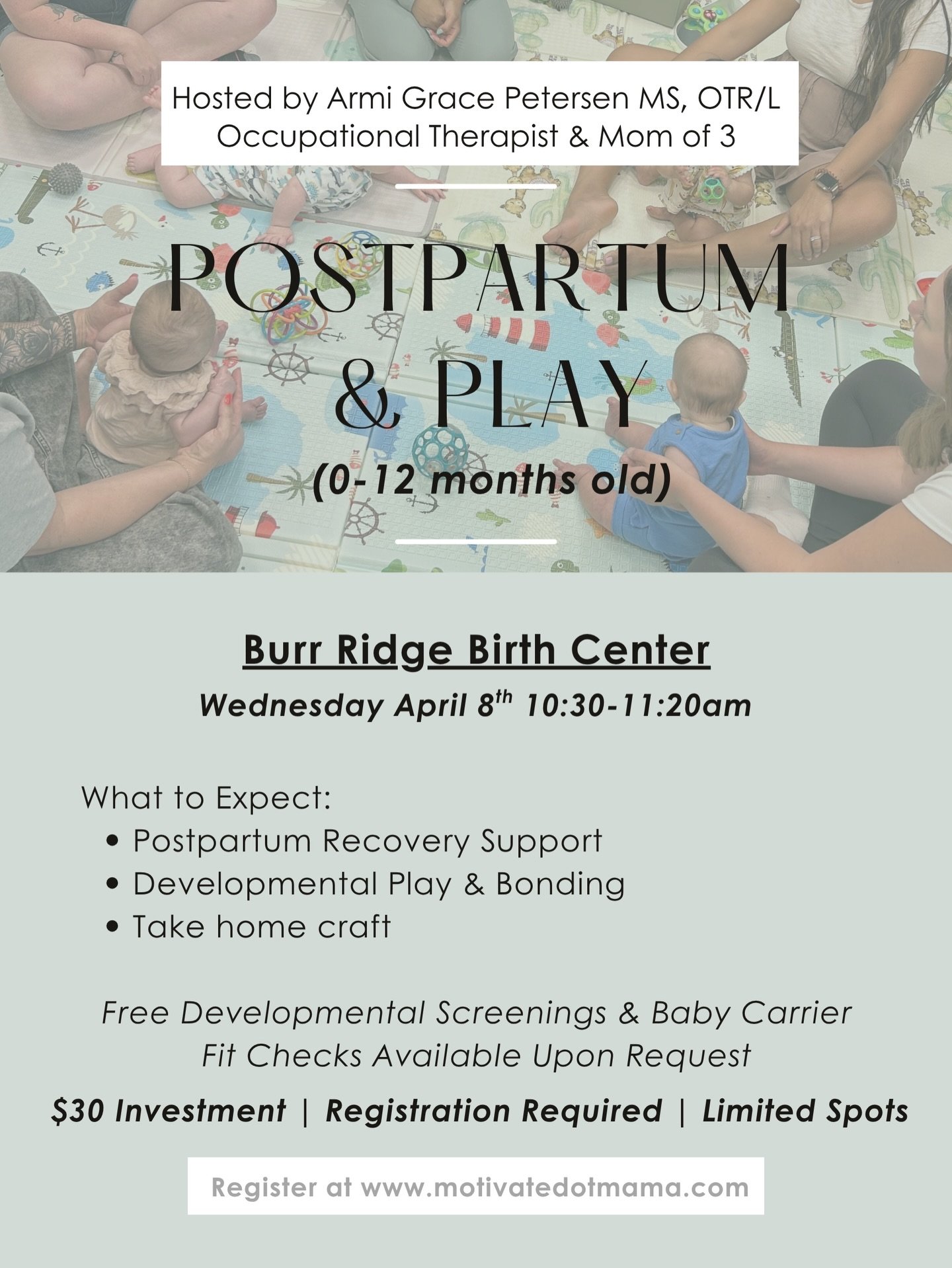🤱🏽POSTPARTUM &amp; PLAY

✨ Support for both mom and baby!

👩🏽 For mom, postpartum recovery topics and practical strategies to balance your needs with your baby&rsquo;s

👶🏻 For baby, developmental play that promotes milestones (tummy time, rolli