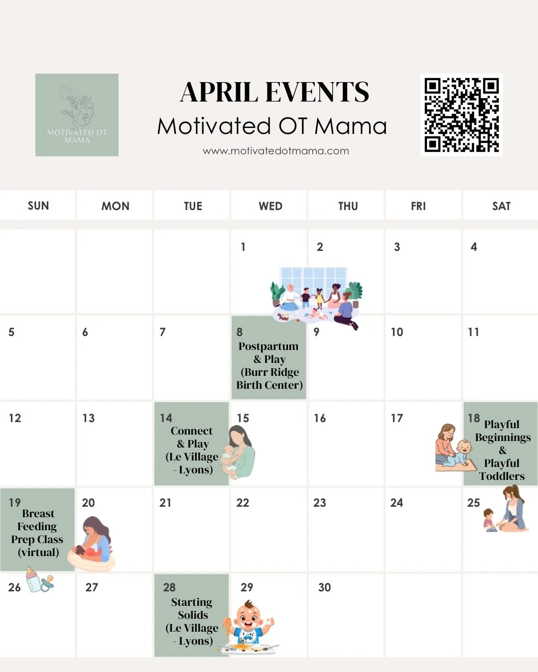 📆April Events Calendar! 

Still finalizing some dates for a few more events, so stay tuned but also for those moms who like to plan ahead a bit 🫶

Another month to join a community group or a virtual class for whichever season of motherhood you may