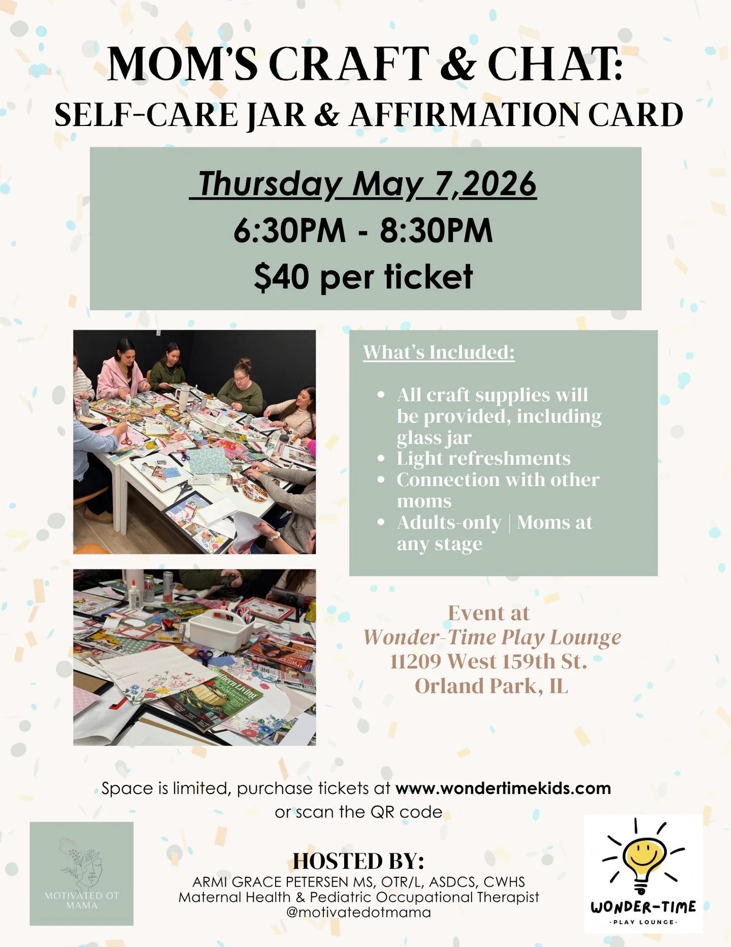 Join us for the next Craft &amp; Chat at @wondertime_play ,
a fun, low-pressure moms night out. 

In true mom life fashion, attempting this reschedule is the final one 😅

Make it a girl&rsquo;s night with your fellow mom besties! 👭

All supplies wi