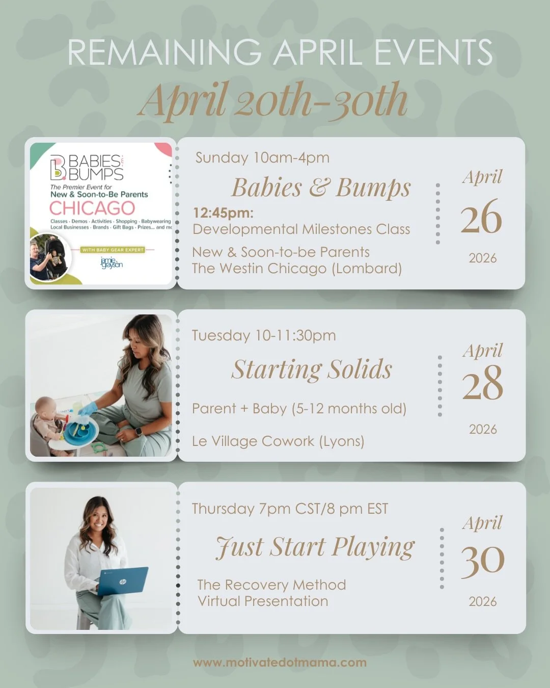 📣Final events for April! 

An upcoming expo, starting solids class, and virtual presentation! 

Babies &amp; Bumps Chicago @babies.and.bumps 
📆Sunday April 26th, I will be presenting about Developmental Milestones &amp; have a booth! 
📍Westin Chic