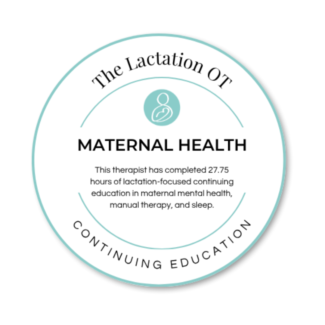 A circular badge with a teal and white color scheme, labeled 'The Lactation OT' and 'Continuing Education'. It features an icon of a mother breastfeeding and mentions completing 27.75 hours of lactation-focused maternal health education, therapy, and