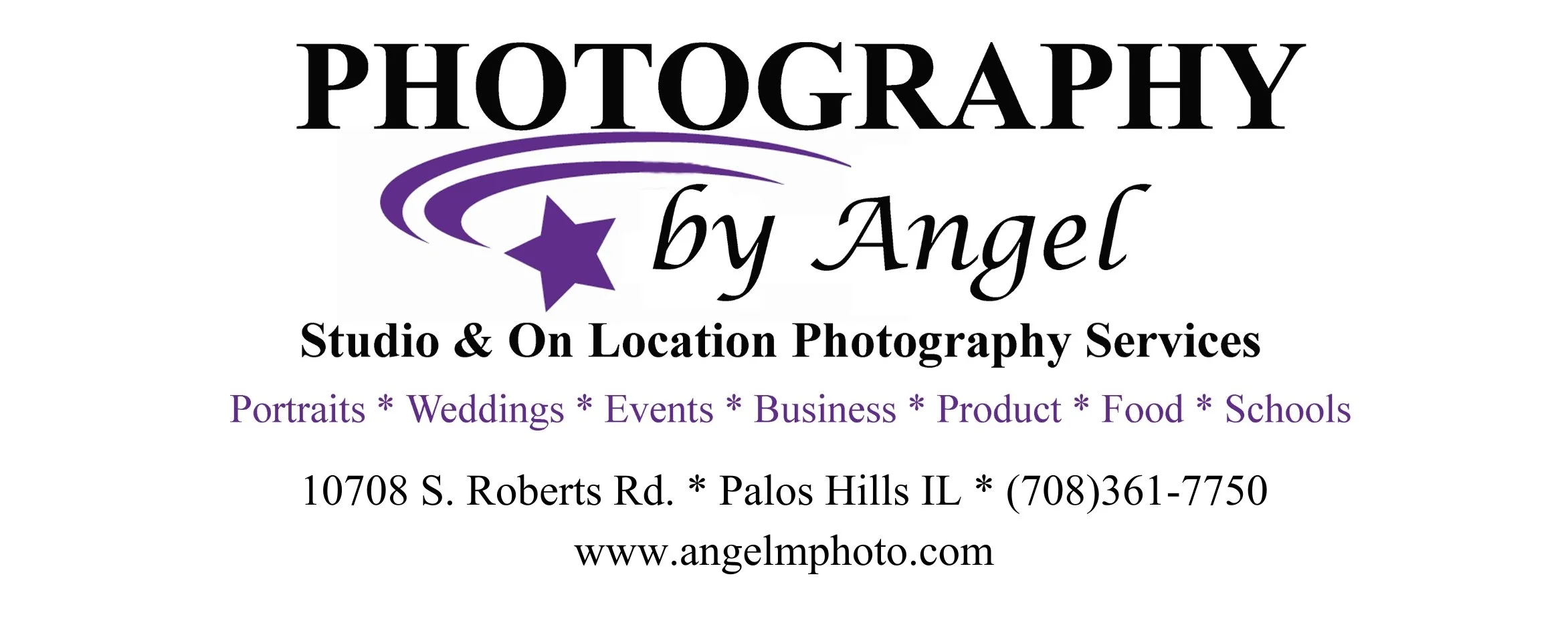 Advertisement for photography services by Angel, offering studio and on-location photography including portraits, weddings, events, business, product, food, and school photography. Contact details include address, phone number, and website.