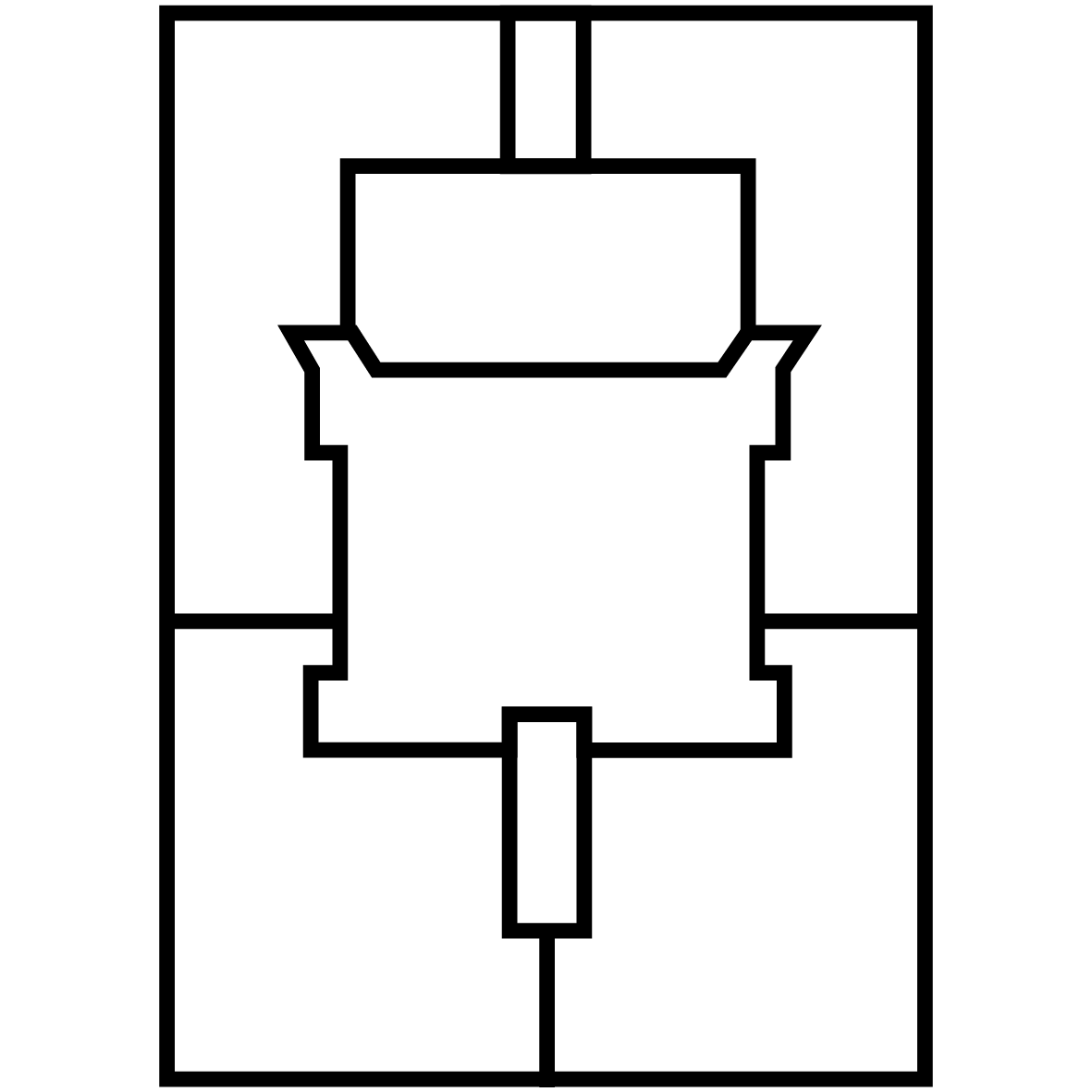 Geometrische Zeichnung eines skizzierten Quadrats mit Abschnitten, die von vertikalen, horizontalen und diagonalen Linien unterteilt werden.