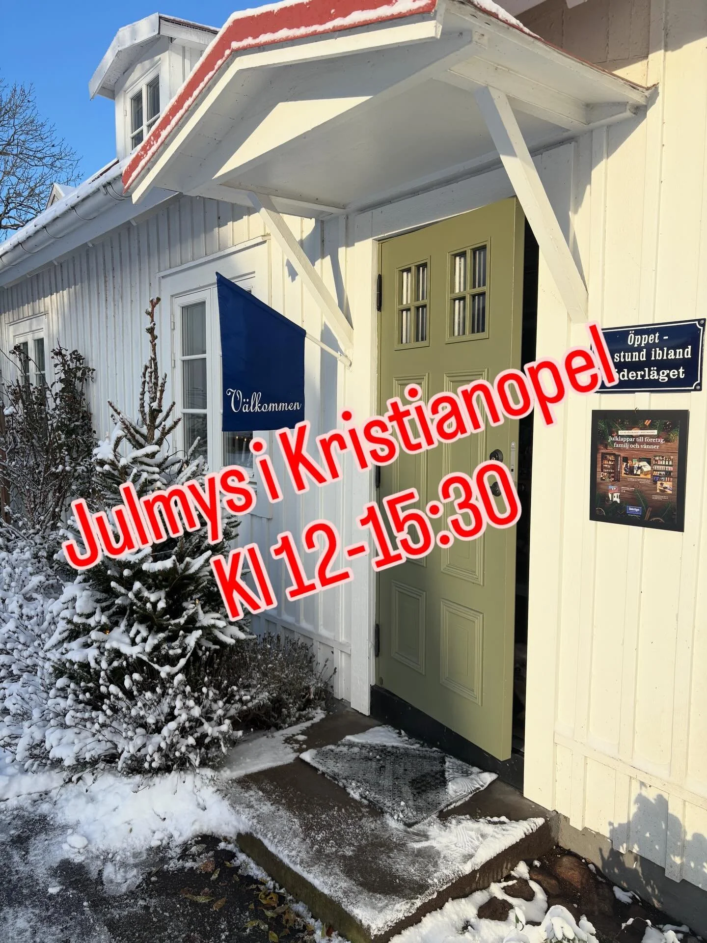 V&auml;lkomna p&aring; julmys i Kristianopel! Imorgon, l&ouml;rdag, mellan kl 12-15:30 har vi och &ouml;vriga butiker &ouml;ppet. Tomten finns i Kustridarstugan, m&ouml;jlighet att dansa runt granen, fika buff&eacute; i f&ouml;rsamlingshemmet och des