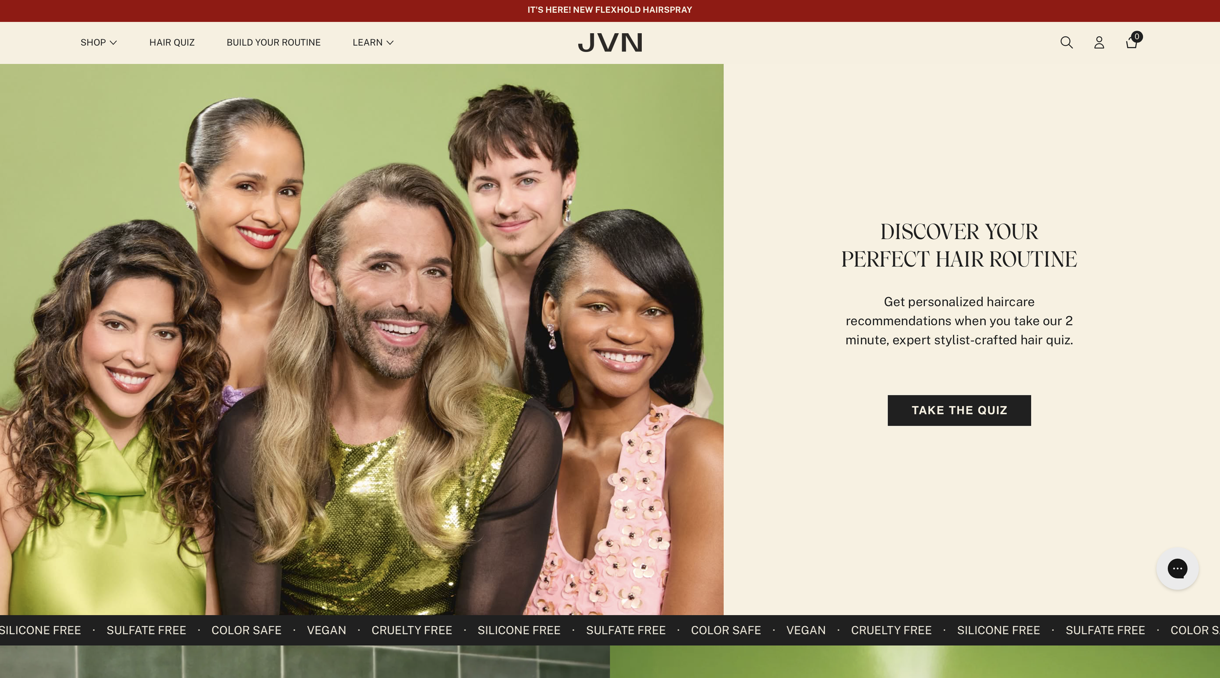 Group of diverse smiling people with various hairstyles and colors standing together against a green background, advertising JVN Hair, a haircare brand.
