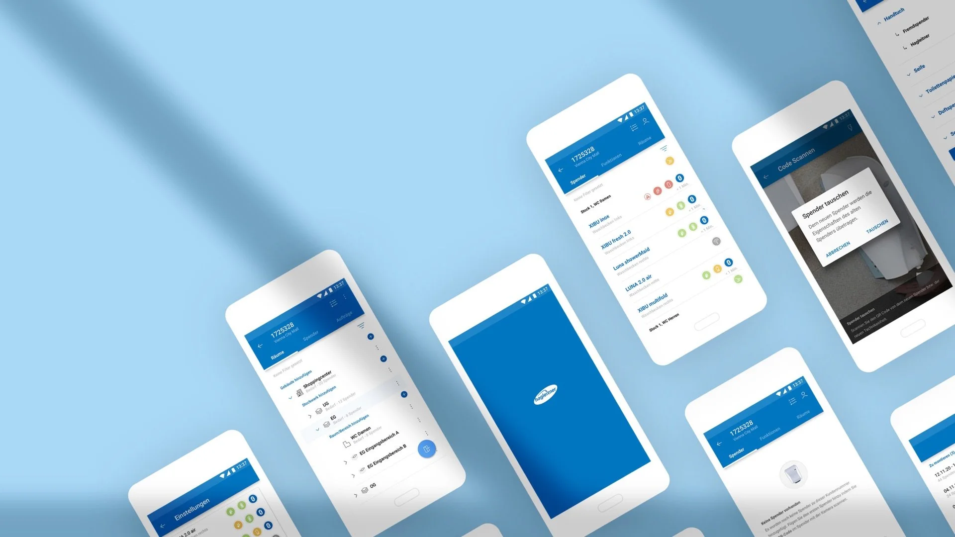 Screenshot der Hagleitner App mit Benutzeroberfläche zur Bluetooth-Konfiguration von Spendern und Firmware-Updates.