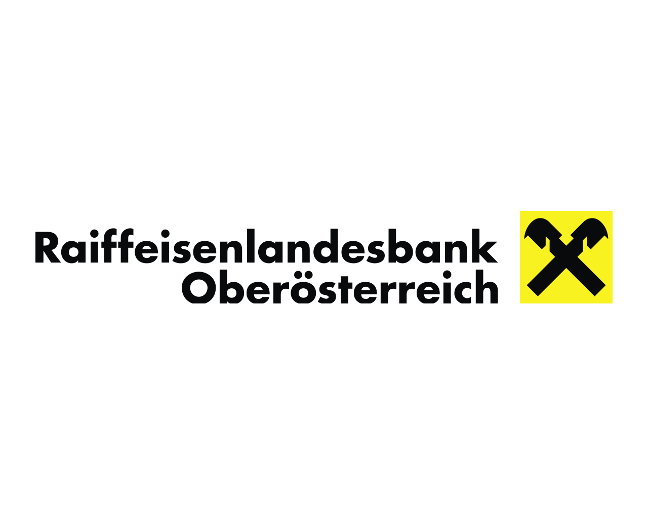 Raiffeisenlandesbank Oberösterreich Logo mit einem gelben Quadrat, schwarzen gekreuzten Werkzeugen und schwartem Text