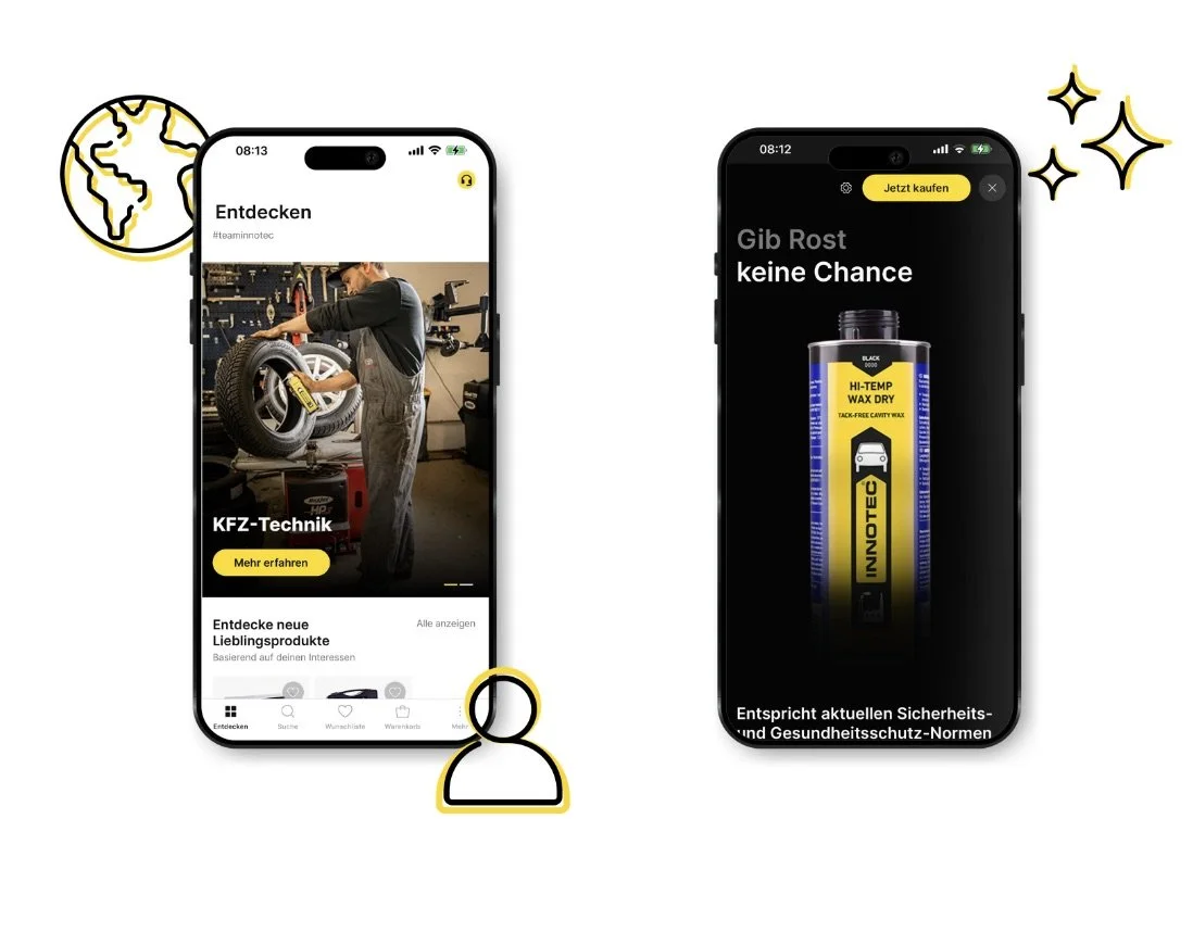 Screenshot der Innotec App mit Highlight Produkt und Entdecken Screen