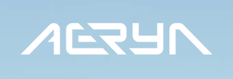 A logo with stylized text spelling 'AERYN' on a light blue background.