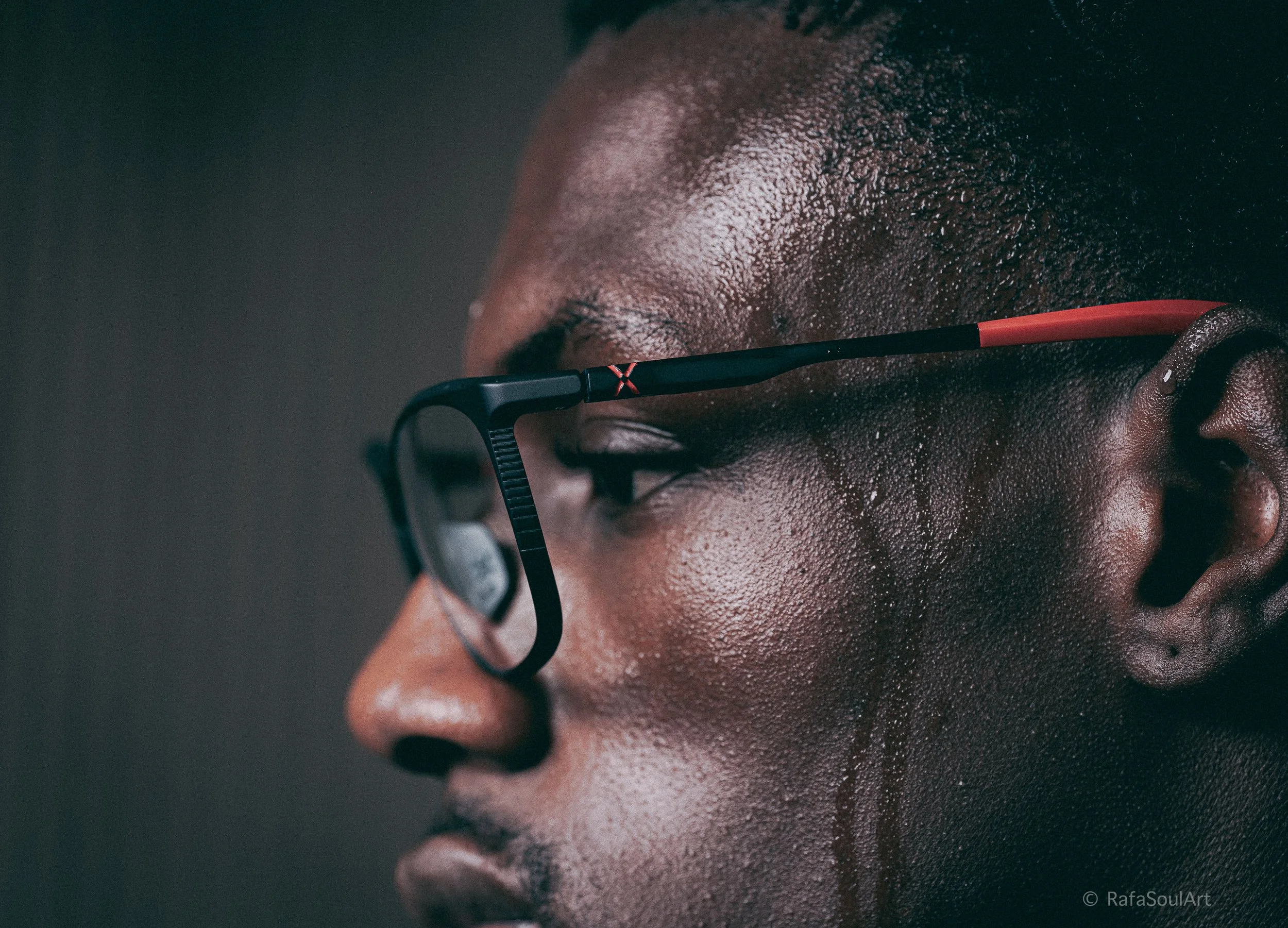 Close up detail of Hilx Vizo prescription glasses on athlete face during photoshoot