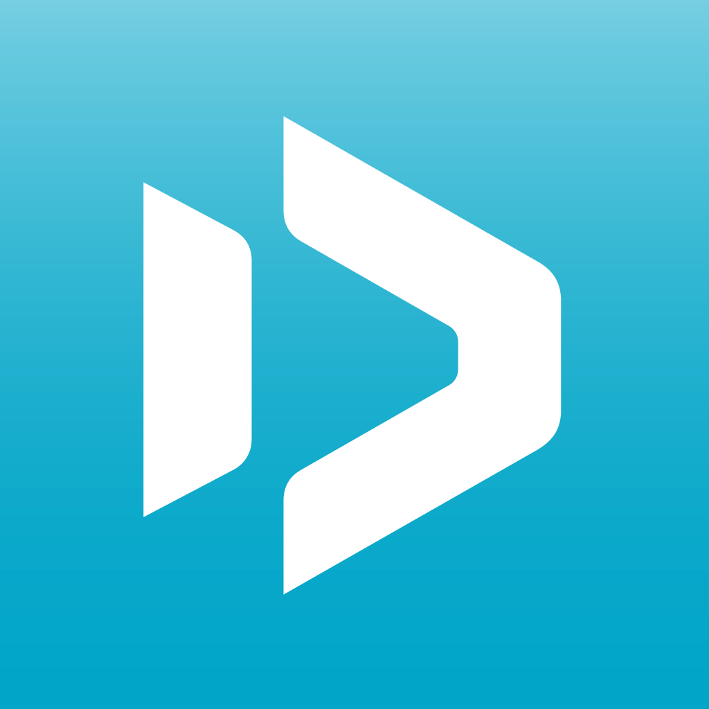 A white logo with a stylized play button and a forward arrow on a blue gradient background.