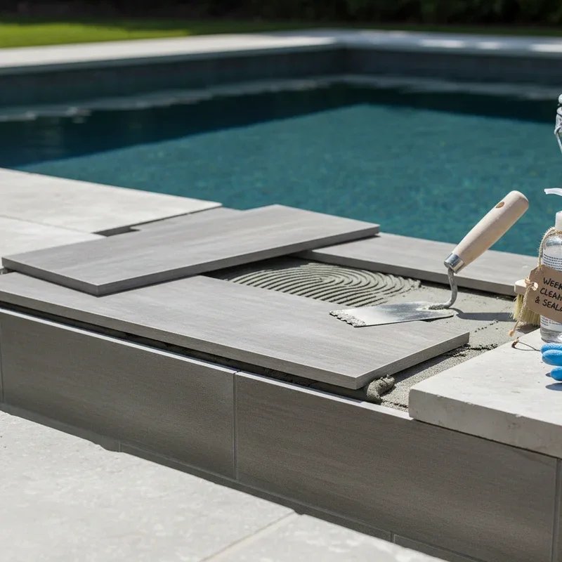 Grey Pool Waterline Tile Ideas