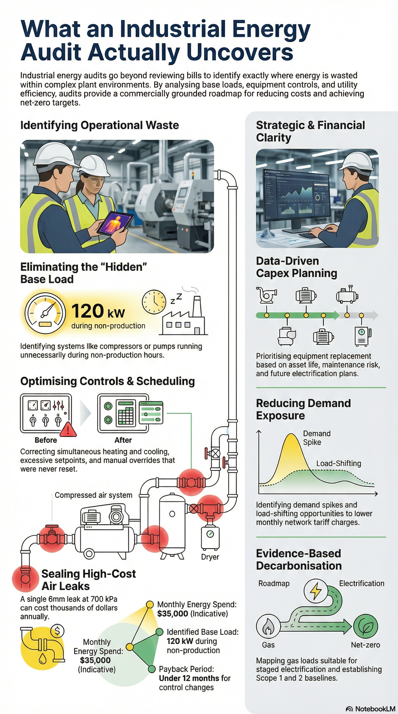 What an Industrial Energy Audit Typically Identifies Infographic.