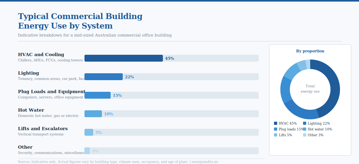 Horizontal bar chart showing indicative energy use breakdown for a typical Australian commercial office building