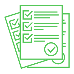 Three green checklists with checkmarks on each item and a large checkmark on a circle at the bottom right representing precision subsystem energy audits