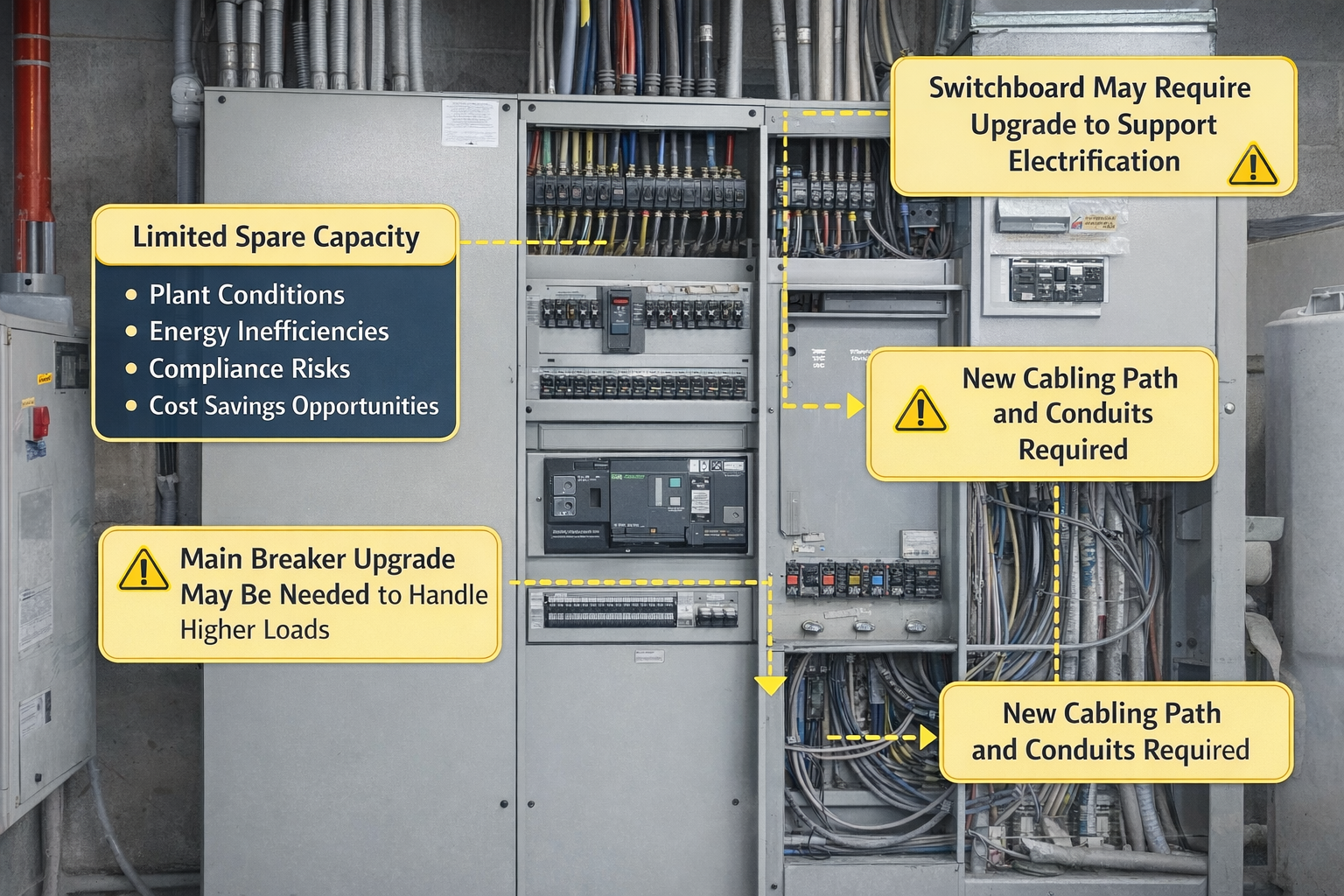 Commercial switchboard with annotations highlighting limited spare capacity and electrification upgrade requirements