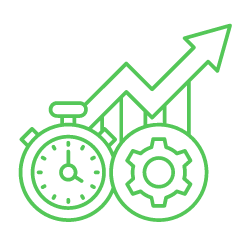 Energy efficiency icon with growth graph, clock, and gear symbolising productivity and time savings