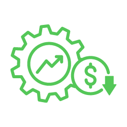 Green outline of a gear with an upward-trending arrow inside, a dollar sign, and a downward arrow indicating financial growth and cost reduction after energy audits.