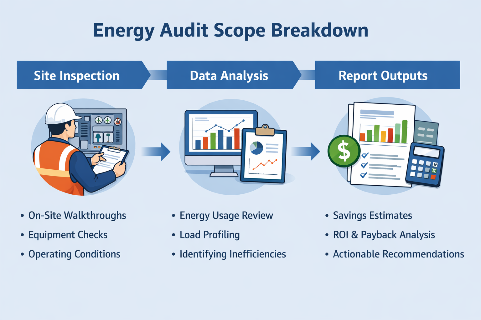 Energy audit scope breakdown showing site inspection, energy data analysis, and audit report outputs for commercial buildings.