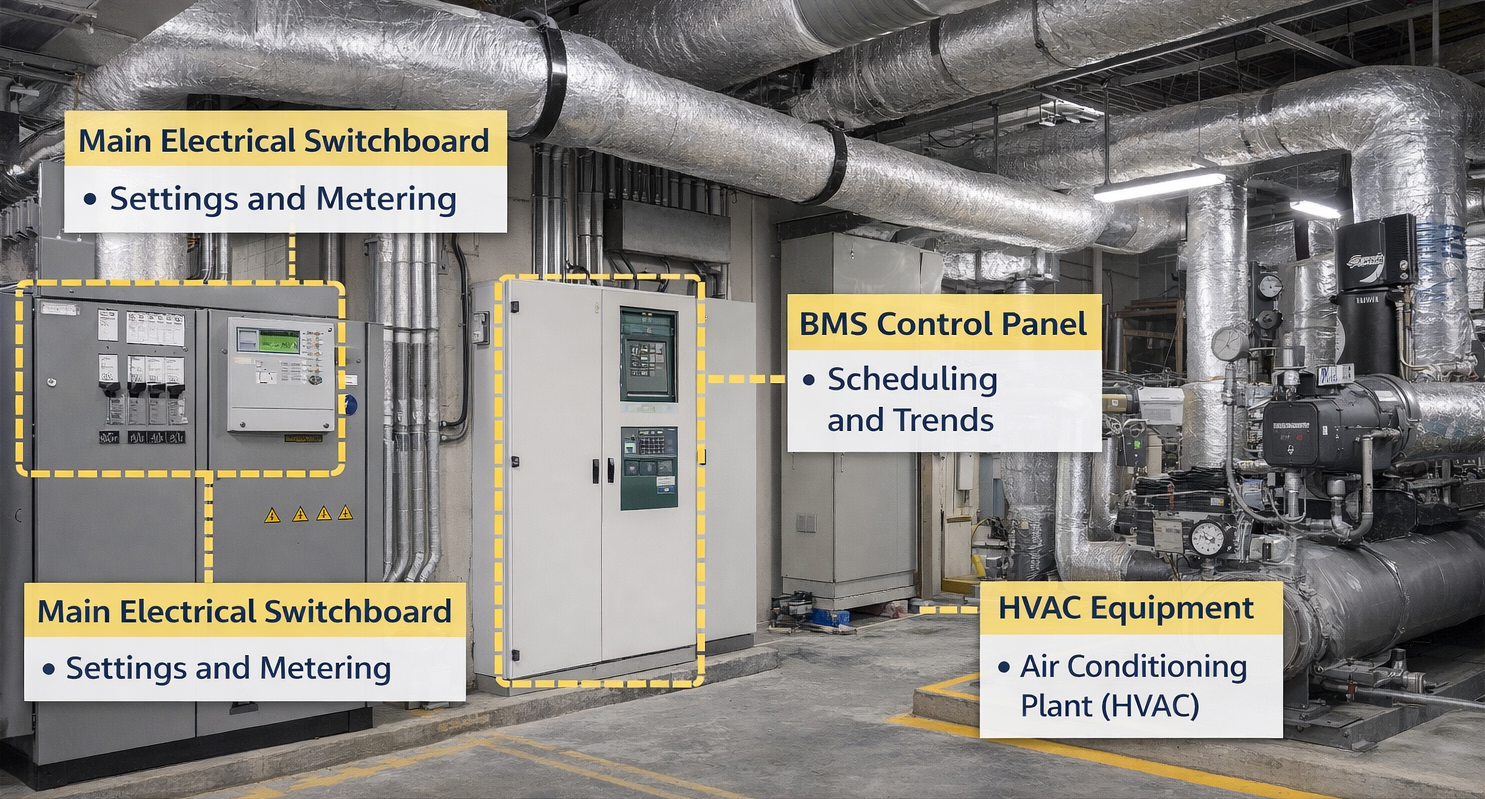 Annotated plant room in a government building showing main electrical switchboard, BMS control panel, and HVAC equipment with labels highlighting common energy audit focus areas such as metering, scheduling, and plant performance.