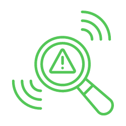 Magnifying glass with a warning sign and signal waves indicating a safety alert or hazard detection.