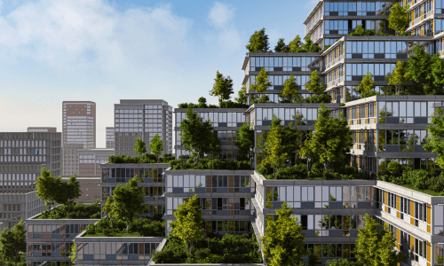 Multi-story residential buildings with terraces and lush greenery, including trees and plants on different levels, in an urban setting.