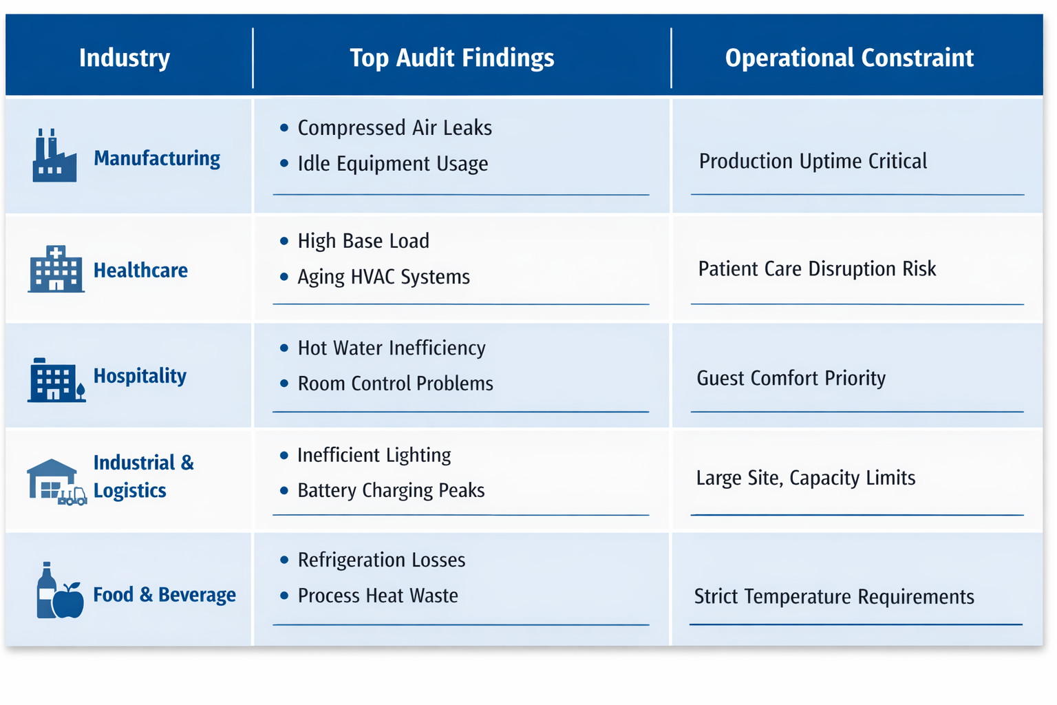 Summary table showing common energy audit findings across manufacturing, healthcare, hospitality, industrial and logistics, and food and beverage sectors, with two key findings and operational constraints listed for each industry.
