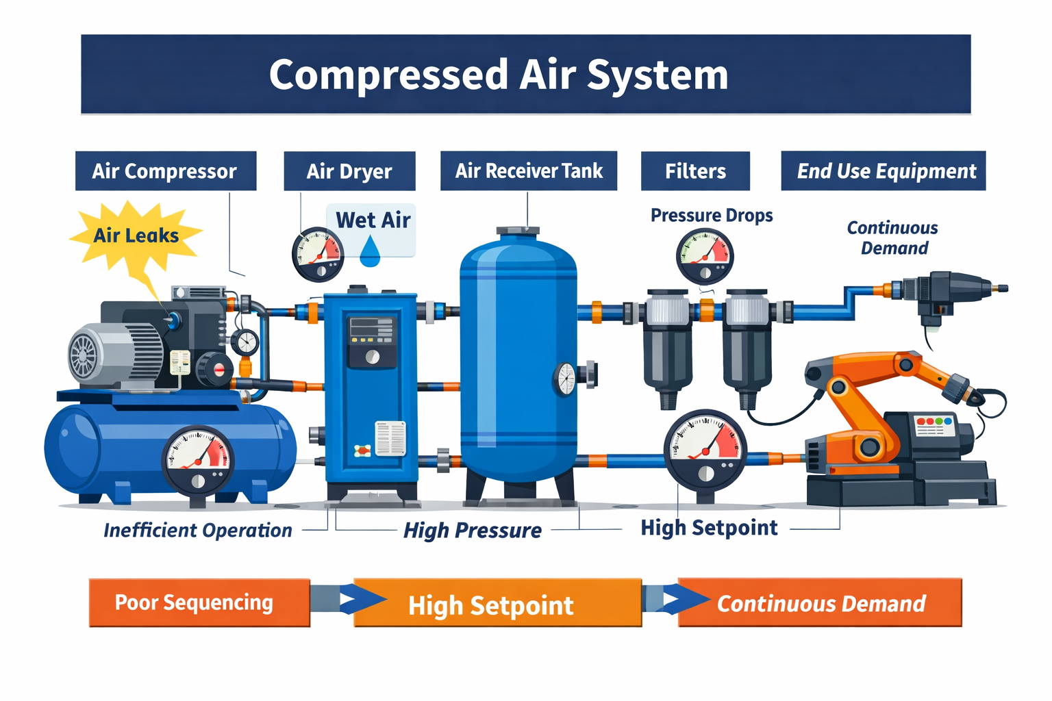 Compressed air system diagram highlighting air leaks, high pressure setpoints, pressure drops, and continuous demand in a manufacturing facility.