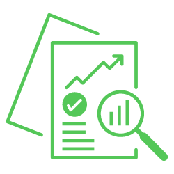 Green outline of financial reports with upward trending graph, check mark, and magnifying glass with bar chart representing basic energy audits