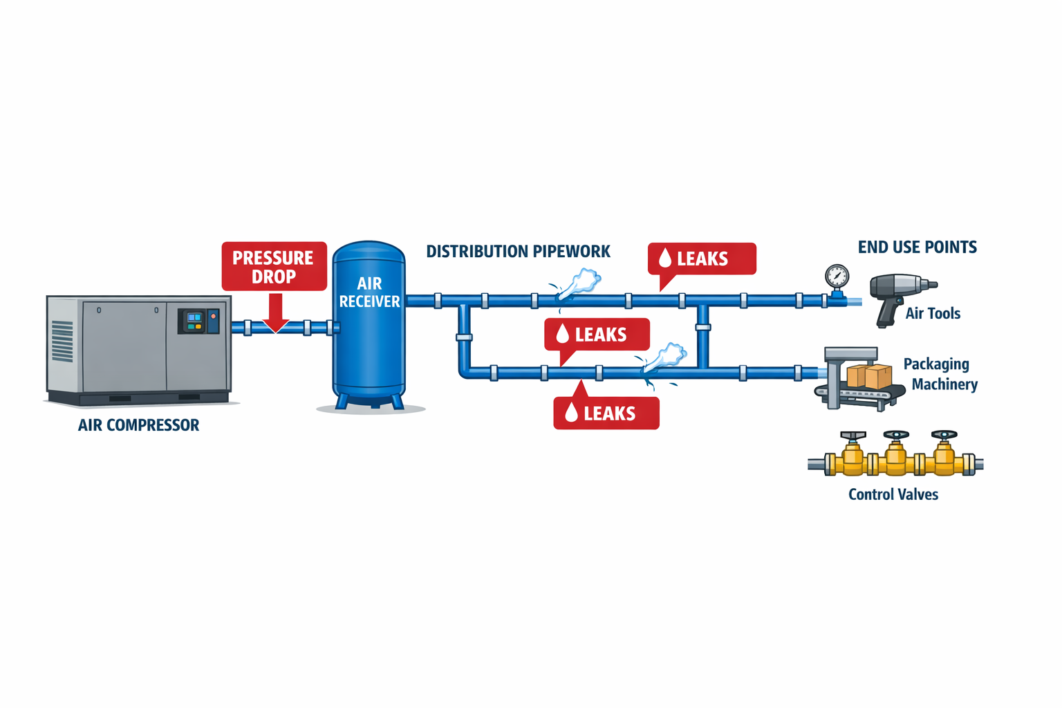 Simple process diagram of an industrial compressed air system showing compressor, air receiver, distribution pipework and end use points, with typical leak locations and pressure drop areas marked along the network.