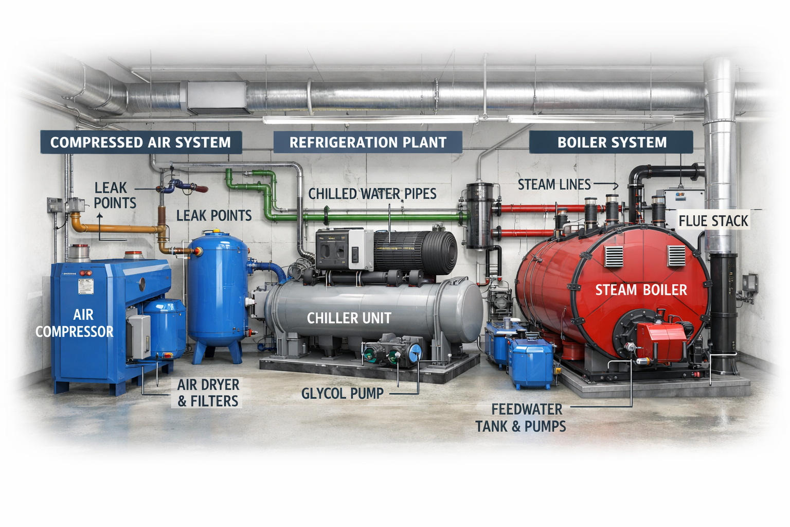 Annotated industrial plant room layout showing compressed air system, refrigeration plant, and steam boiler equipment with labelled components.
