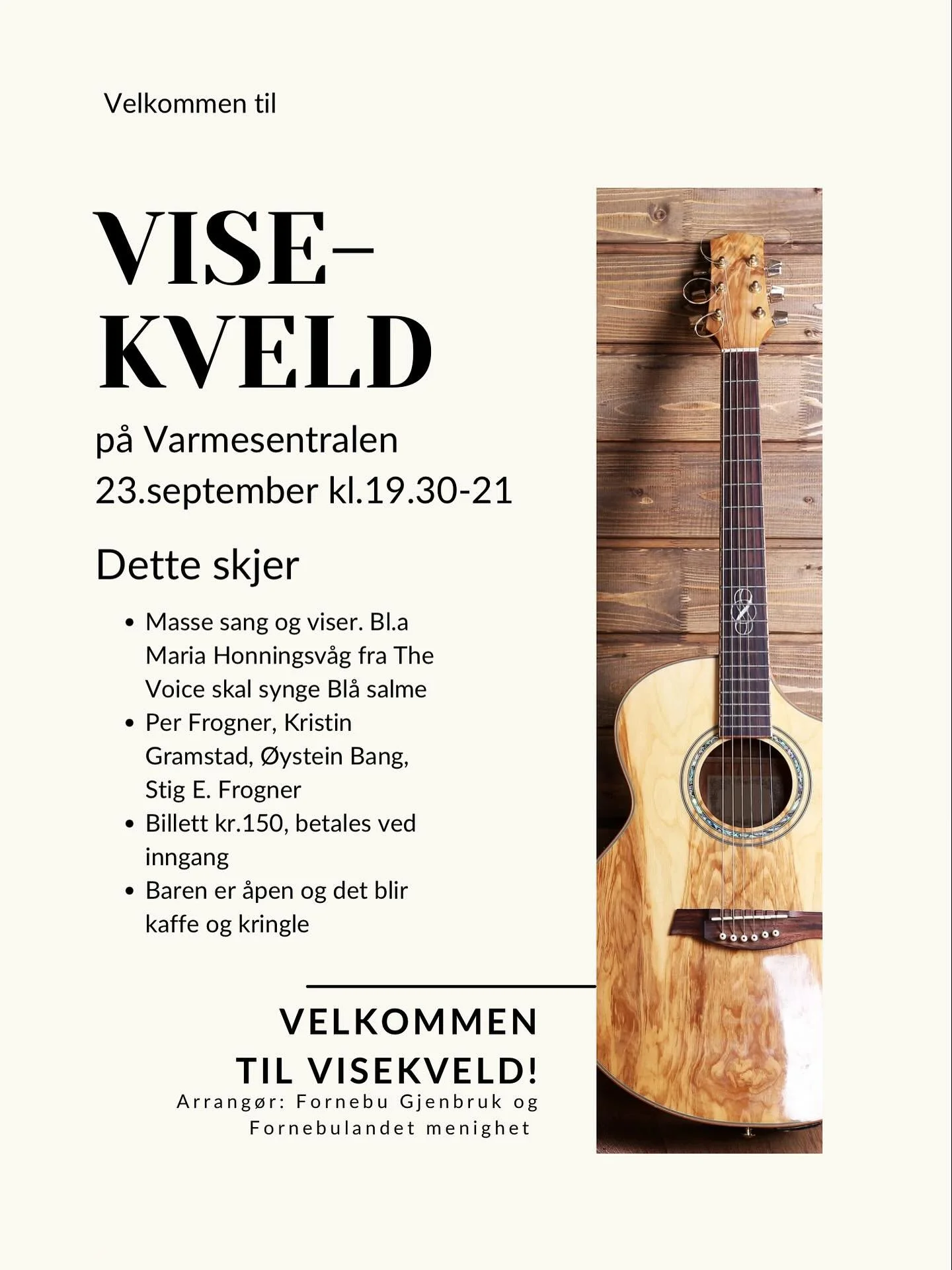 ✨Vi gleder oss veldig til visekveld i morgen p&aring; Varmesentralen! 
D&oslash;rene &aring;pner kl 19, konsertstart 19:30. Pause med kaffe og kringle til alle 🌸
📍Billetter kr 150,- betales p&aring; Vipps i inngangen. 

Arrangert av Fornebu Gjenbru