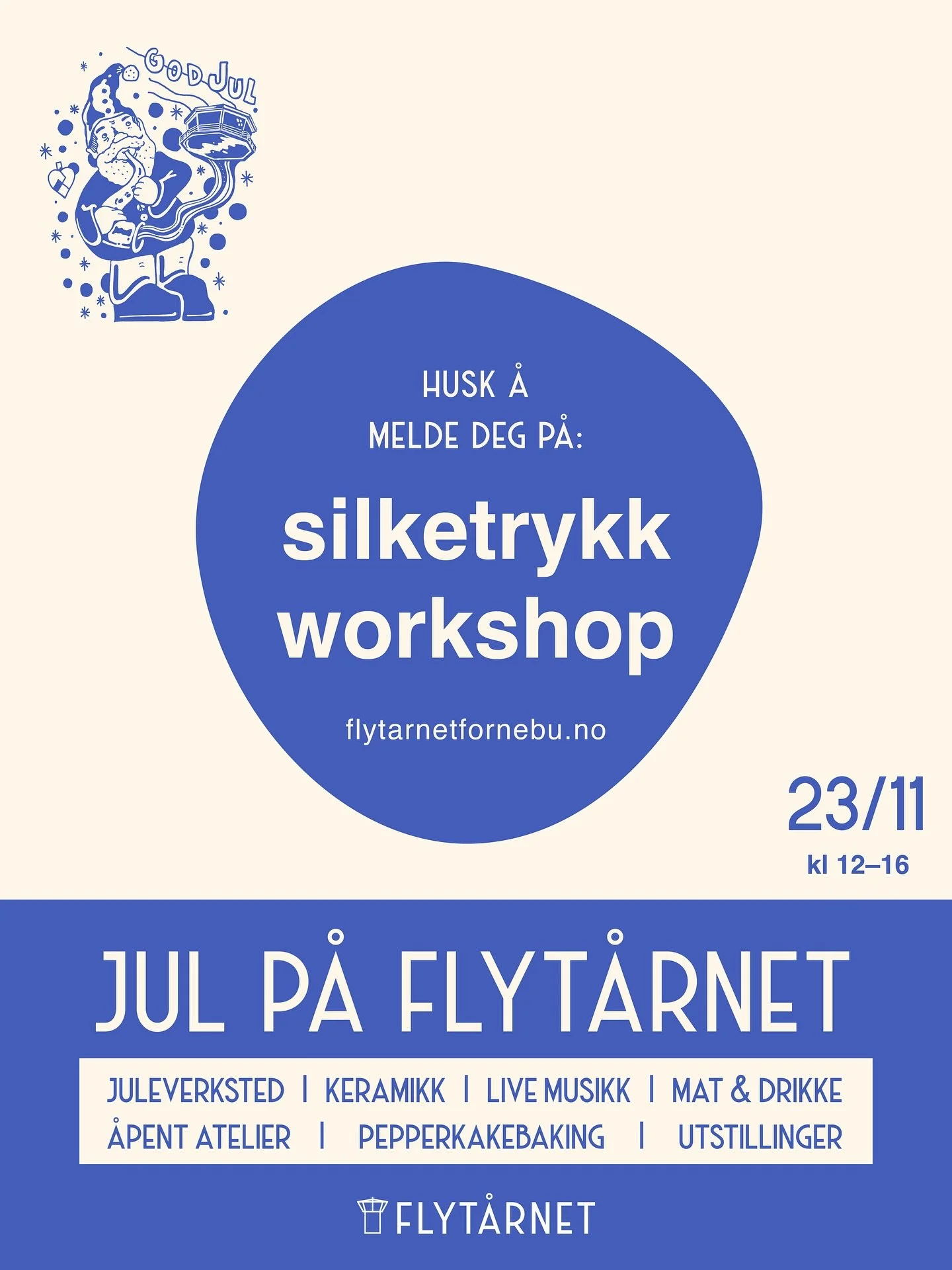 ✅🎁 HUSK &Aring; MELDE DERE P&Aring; aktivitene som krever p&aring;melding. Det er begrenset med plasser, s&aring; v&aelig;r rask!

🎄Velkommen til JUL P&Aring; FLYT&Aring;RNET s&oslash;ndag 23.november kl 12:00! 
Kurs med p&aring;melding:

👕 SILKET