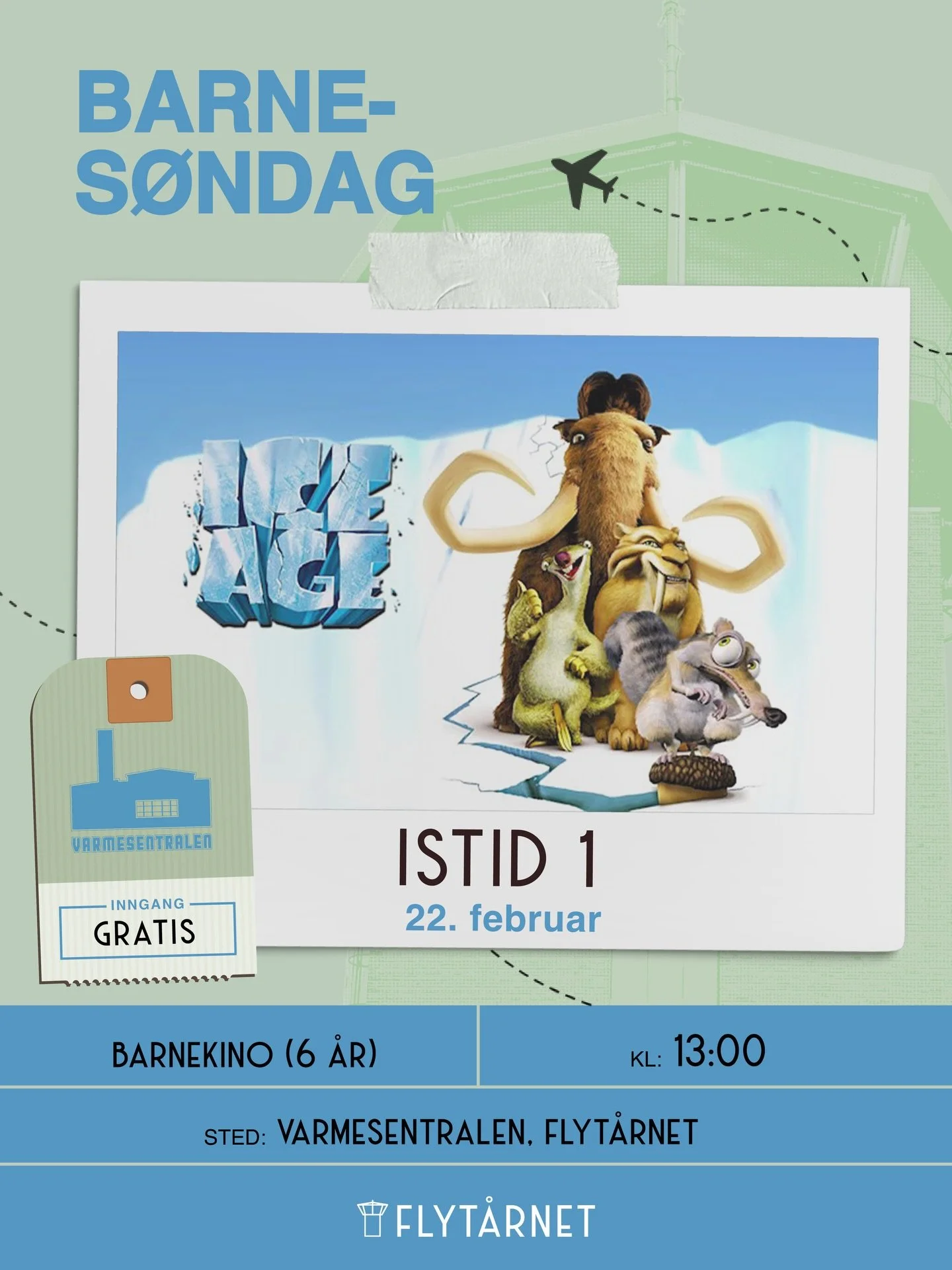 ❄️🎬 Velkommen til VINTERFERIEKINO 21. februar og BARNES&Oslash;NDAG 22. februar p&aring; Flyt&aring;rnet!

🦣❄️ S&oslash;ndag 22. februar kl 13:00 inviterer vi til barnekino i Varmesentralen.
Vi viser Istid 1 &ndash; en fabelaktig historie om tre he