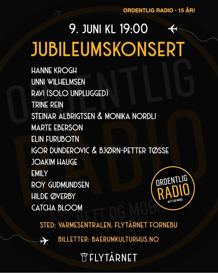 🎶🎉🎶 Tirsdag 9. juni &ndash; endelig klart for jubileumskonsert med @ordentligradio og 15 norske kjente og kj&aelig;re artister!

🎟️ Kj&oslash;p billett via lenke i bio eller via flytarnetfornebu.no

Ordentlig Radio feirer 15 &aring;r med en helt 