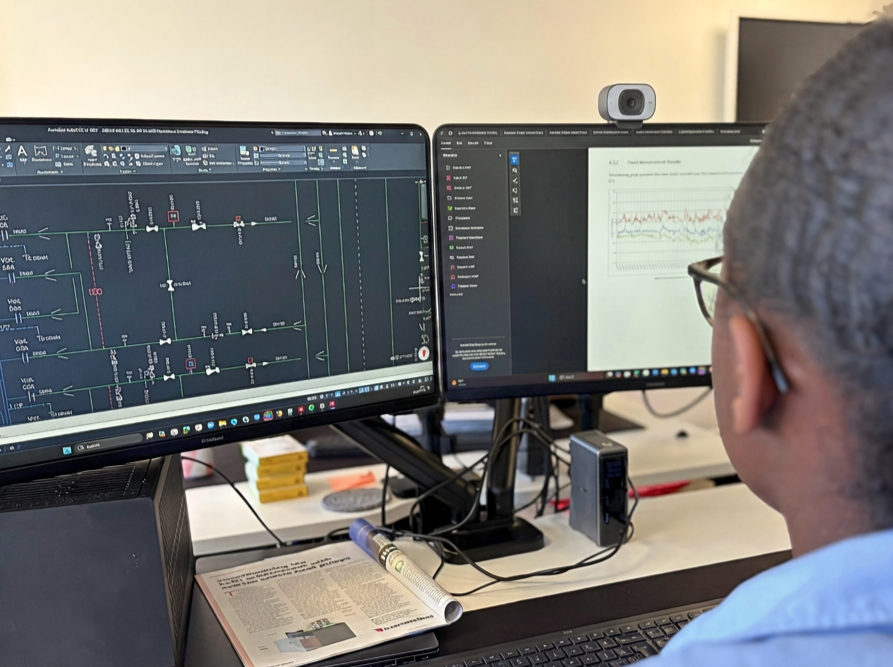 Person working at dual monitors with electrical circuit diagram on the left screen and data charts on the right screen, with a webcam above and various office supplies on the desk.