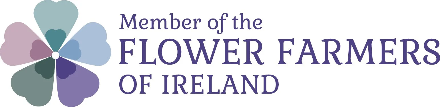 Logo of the "Member of the Flower Farmers of Ireland" with a stylized flower design in pastel colors.