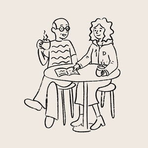 Illustratie van twee huurders in gesprek, onderdeel van de huisstijl en visuele identiteit voor woningcorporatie Dunavie, ontworpen door grafisch ontwerper en illustrator