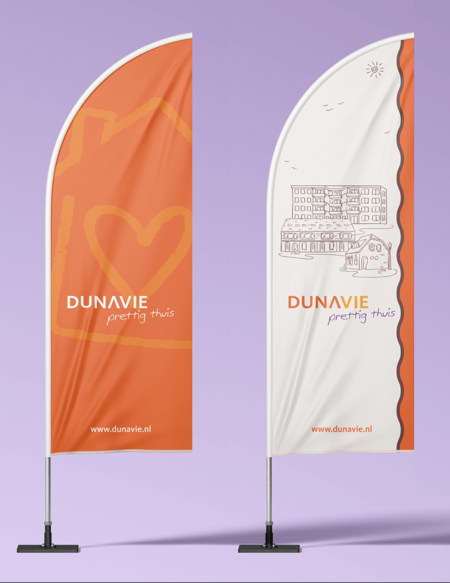Complete branding en illustraties voor woningcorporatie Dunavie – ontwerp door grafisch ontwerper gespecialiseerd in huisstijl en visual identity.