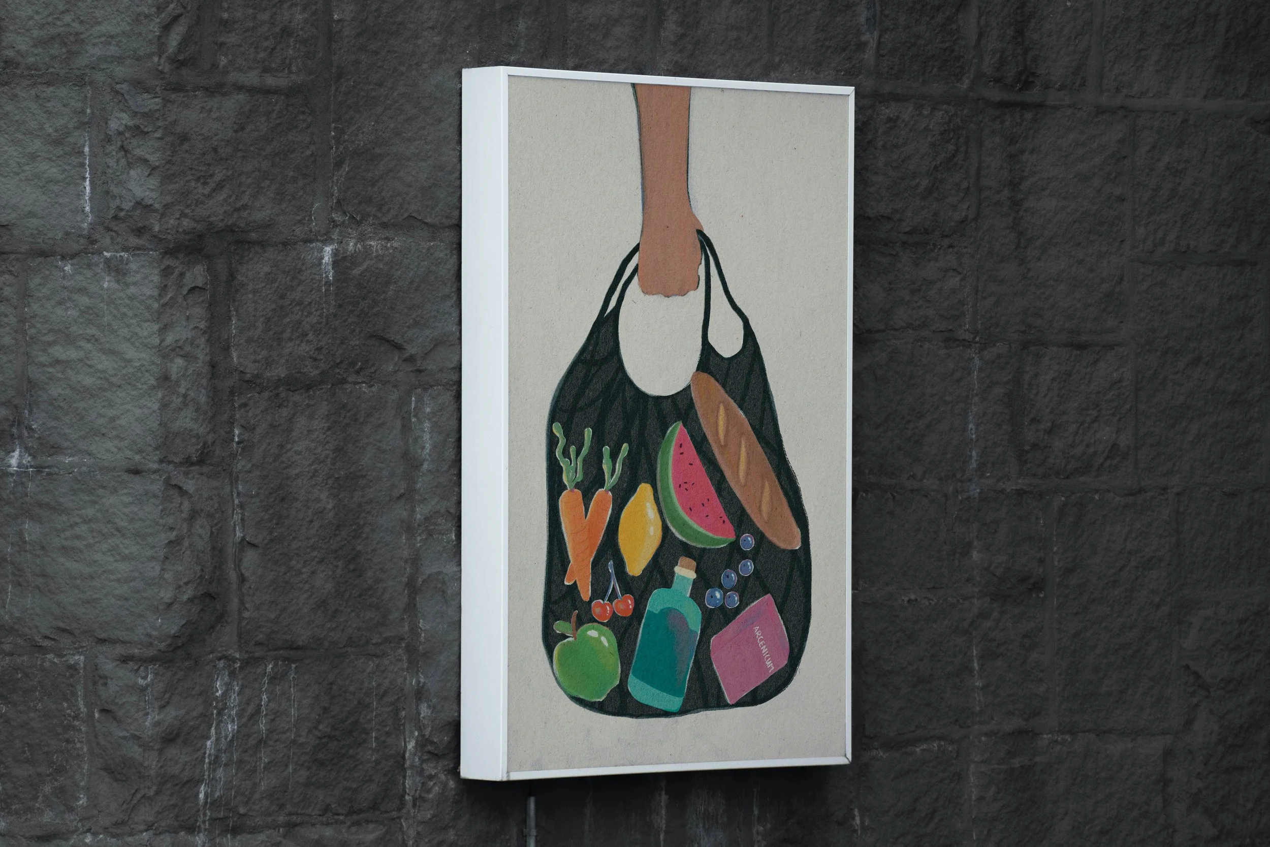 Illustratieposter “Goeiemie Boodschappen” – humoristisch en eigenzinnig ontwerp met boodschappenkarakter