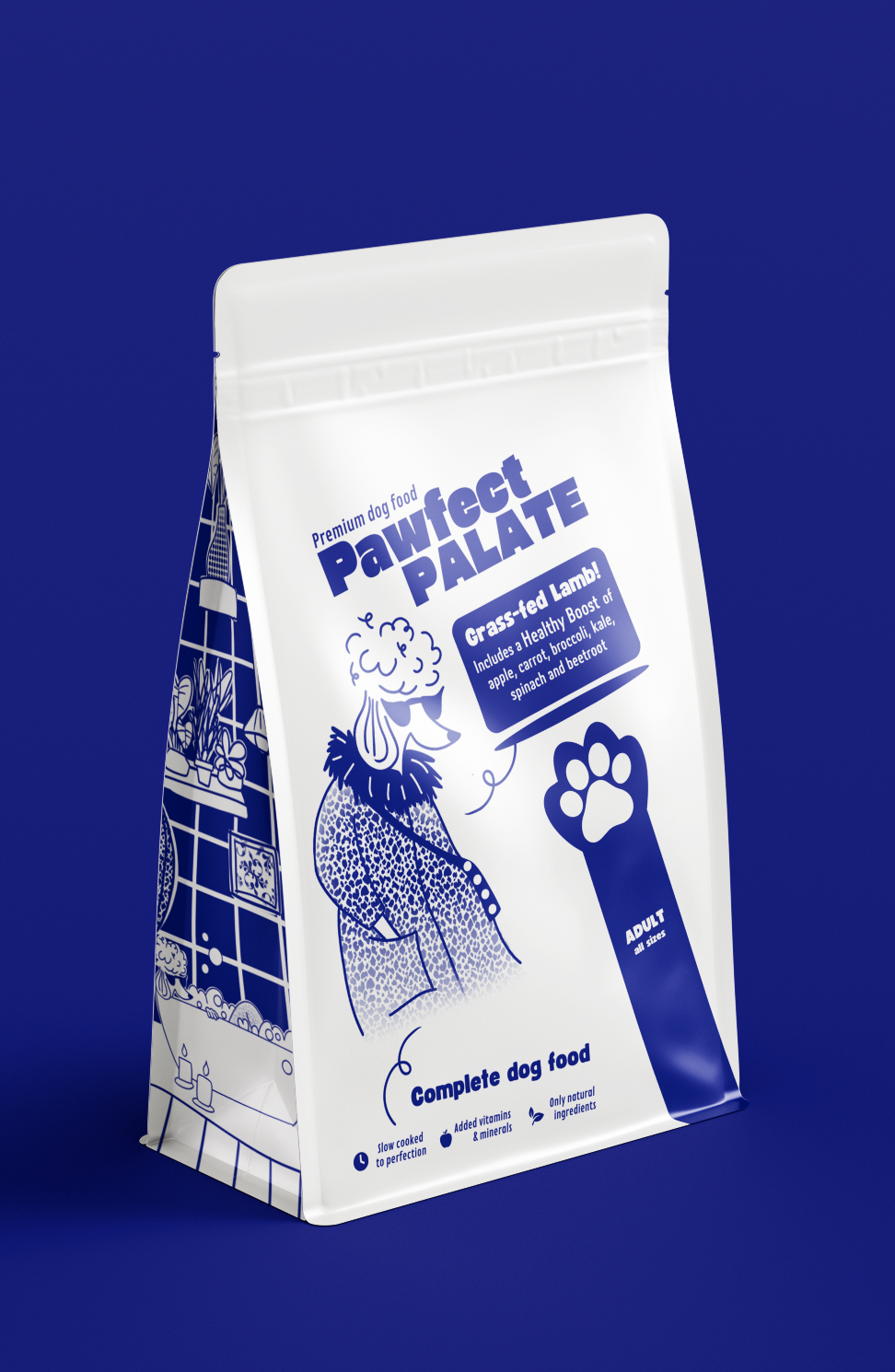 Packaging mockup "Pawfect Palate" – branding-aangepaste voerbak en verpakking in huisstijl