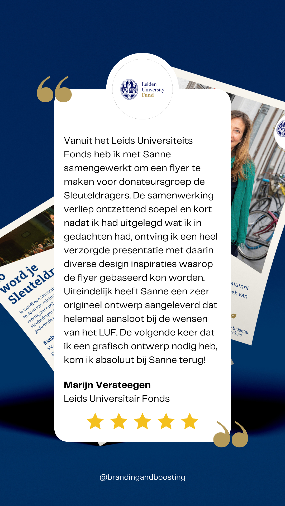 Review klant – positieve feedback op flyer ontwerp Universiteit Leiden: helder, effectief en catching layout