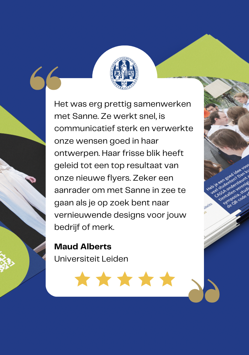 Review klant – tevreden over huisstijl ontwerp voor Universiteit Leiden: consistente branding en duidelijke boodschap