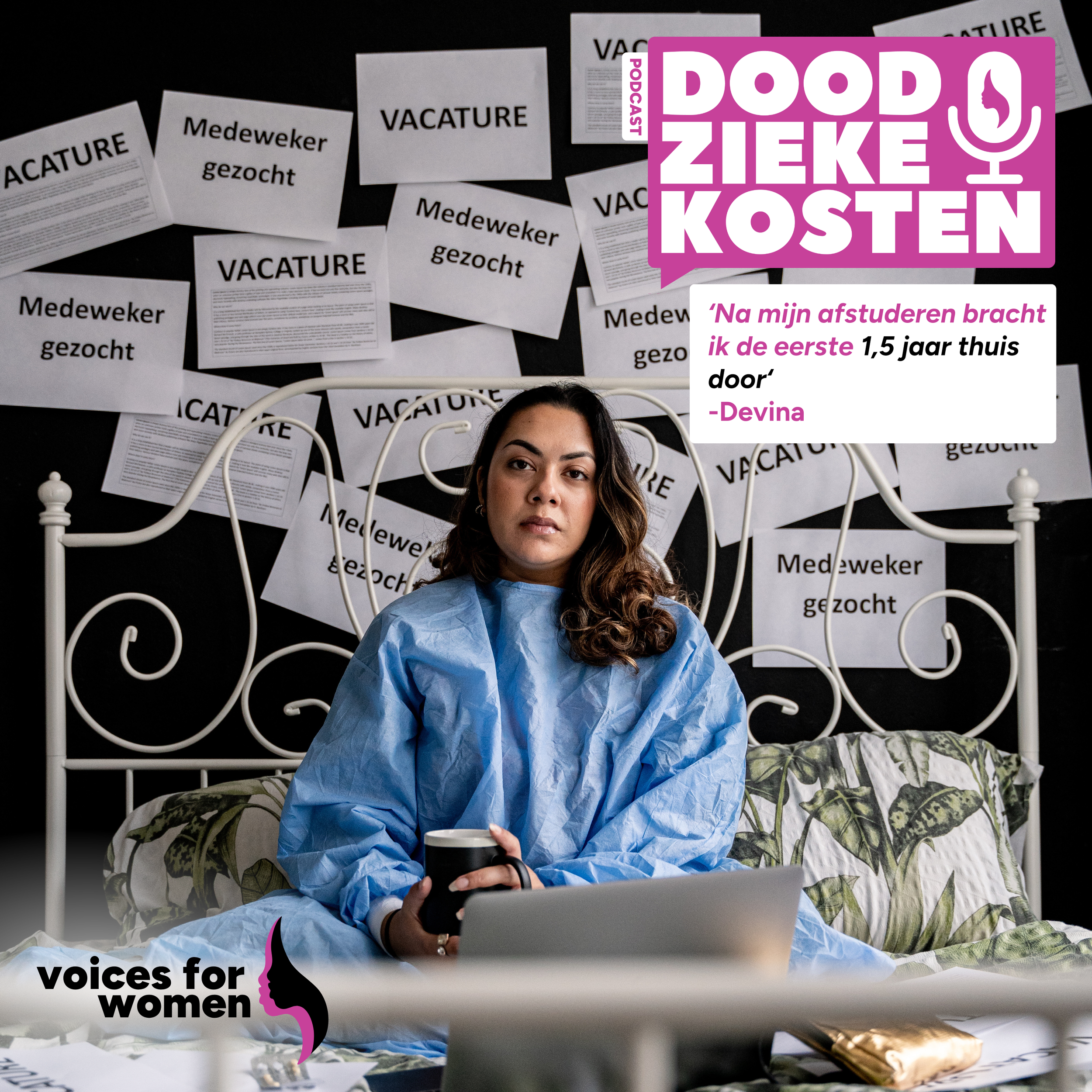 Podcast cover design Voices for Women – grafisch artwork voor dossier- en podcastreeks met documentaire fotografie