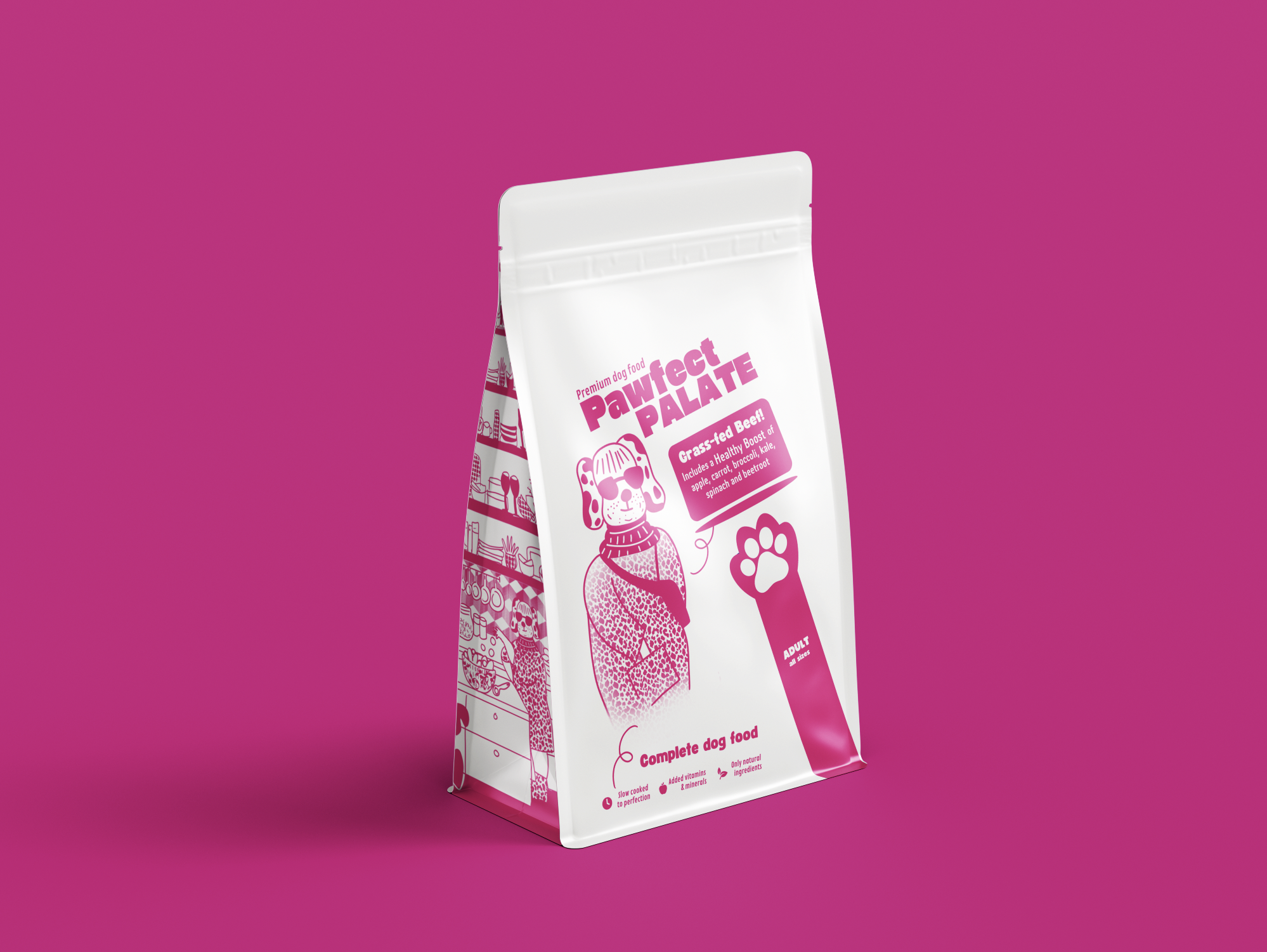 Funky verpakkingsdesign Pawfect Palate – creatieve huisstijl met speelse hondenillustraties