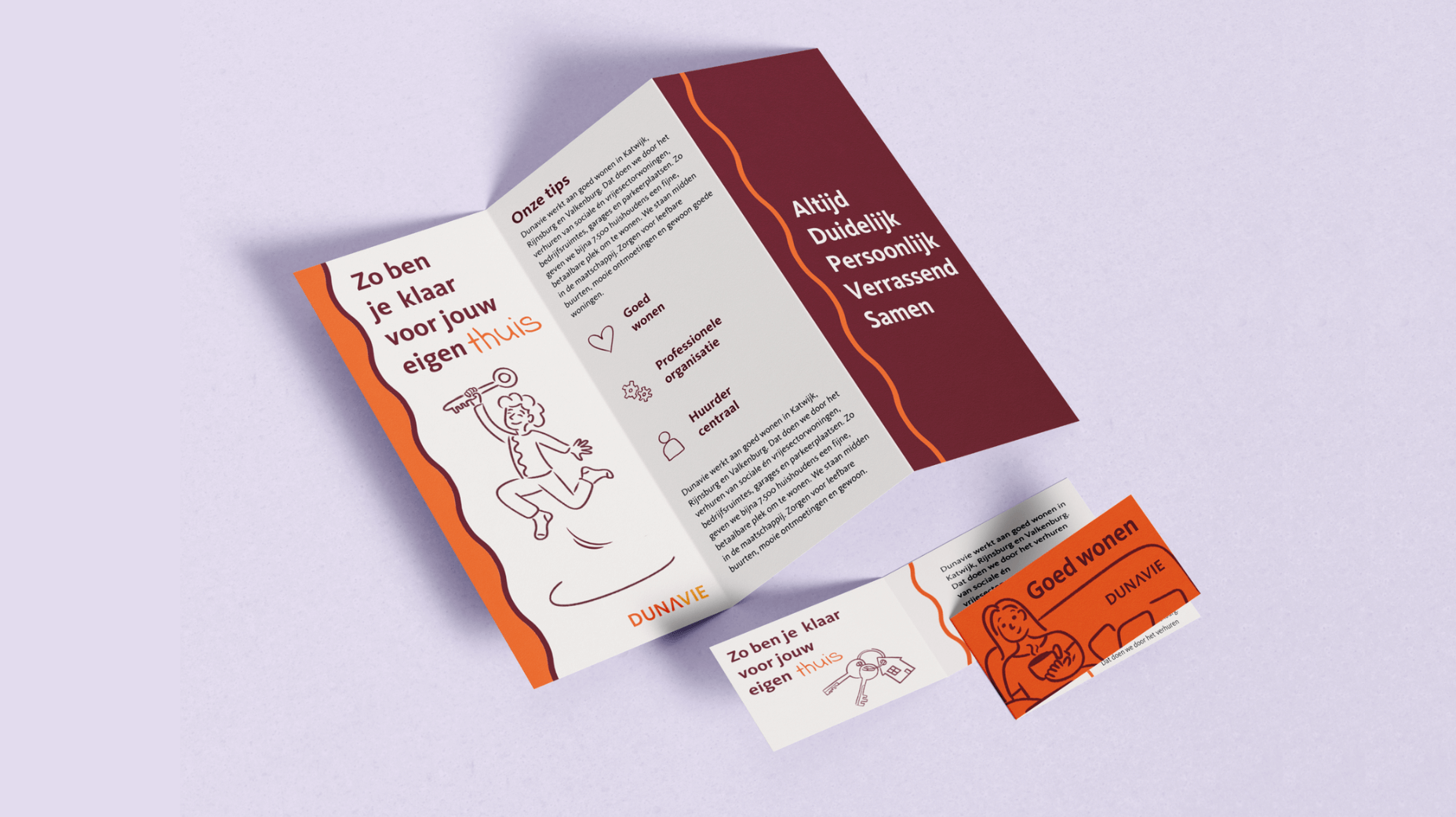 Illustratie en huisstijlontwerp voor woningcorporatie Dunavie, ontworpen door grafisch ontwerper met focus op toegankelijke huurderscommunicatie brochure ontwerp