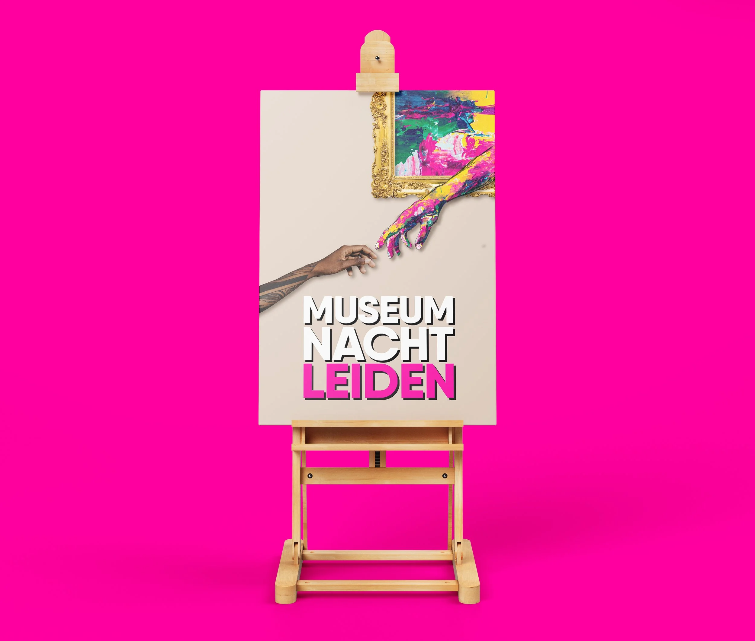 Campagnebeeld Bannering Museumnacht Leiden – opvallende visuele communicatie voor straatpromotie via vlaggen